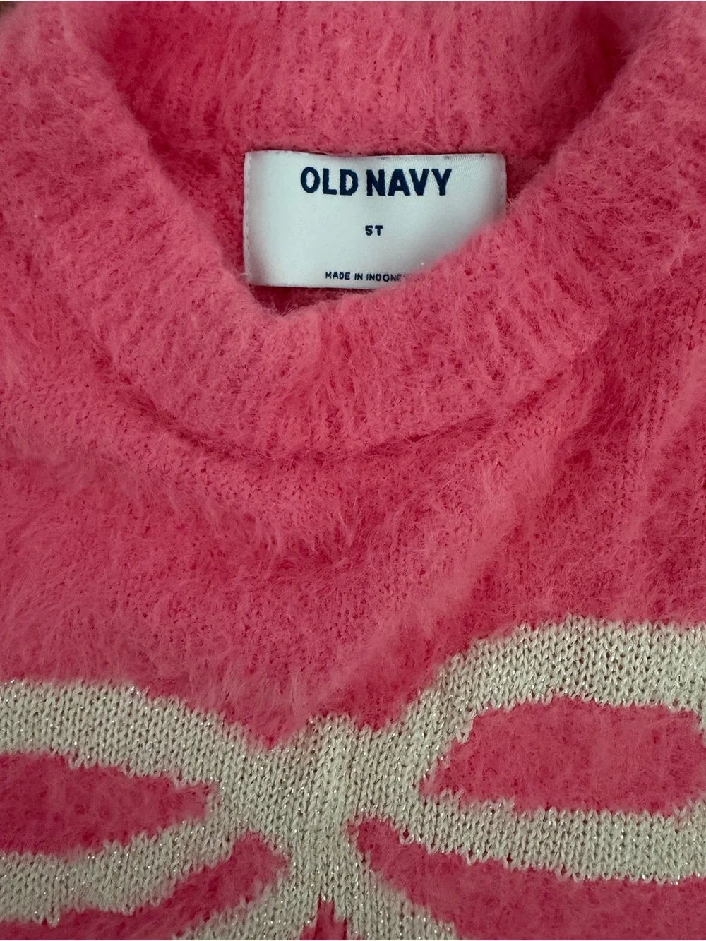 Old Navy Girls Pink Crewneck Sweater with White Bow, 5T